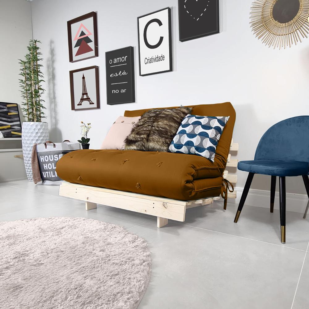 Futon Casal Tokio Sofa Cama Caramelo Com Madeira Maciça