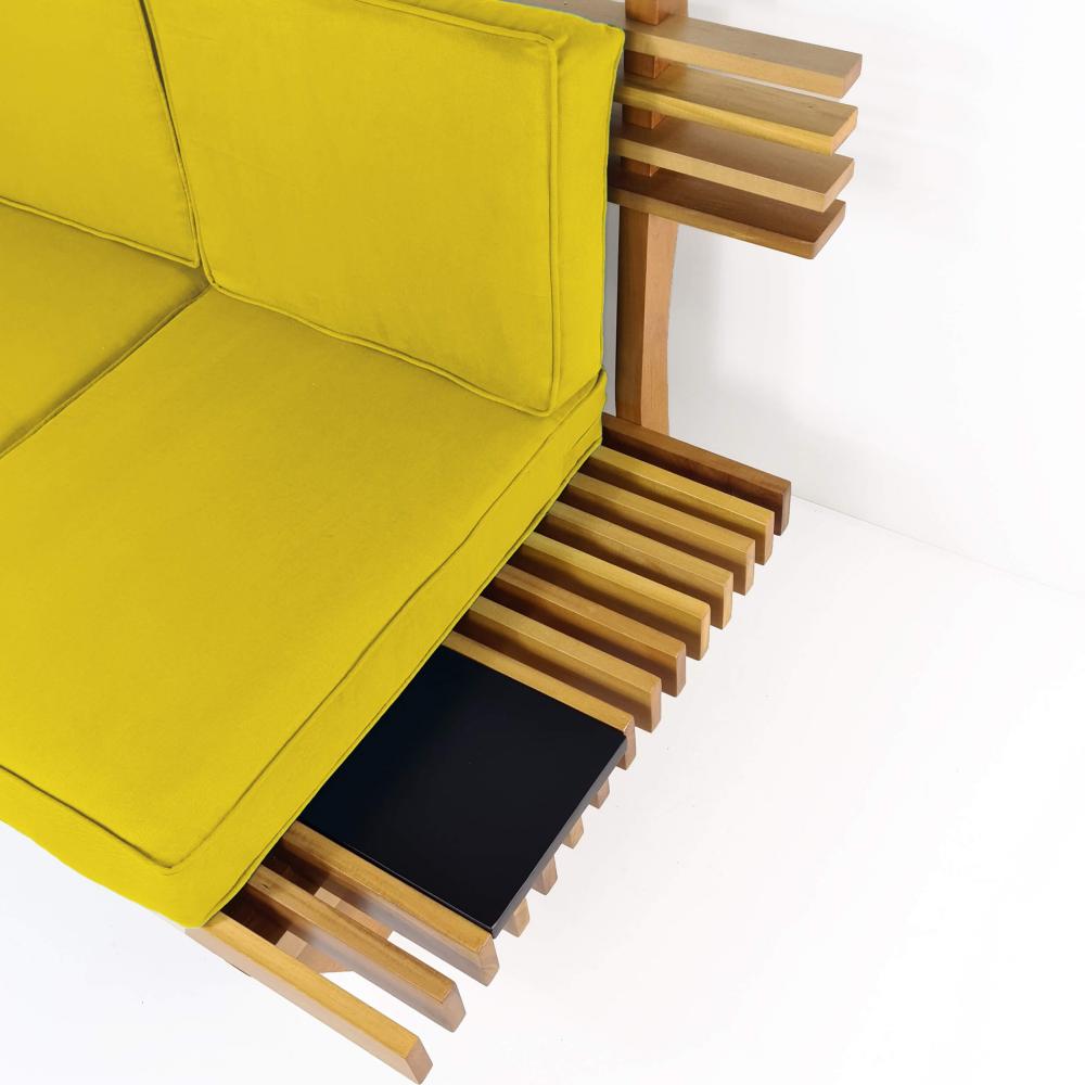 Sofá 3 Lugares Madeira Nobre Maciça Xangai Sala Moderna Amarelo