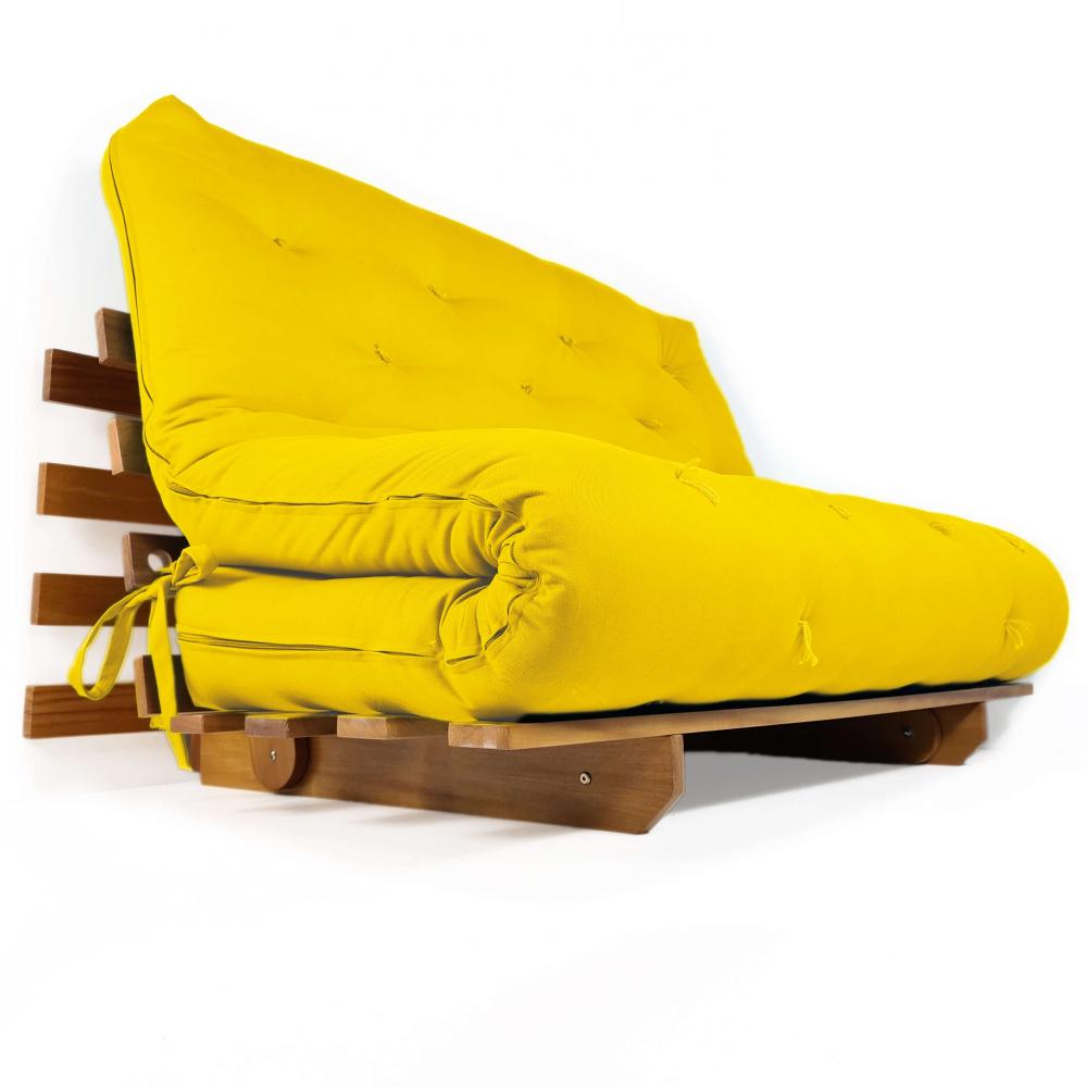 Sofá Cama Casal Futon Oriental Amarelo Com Madeira Nobre
