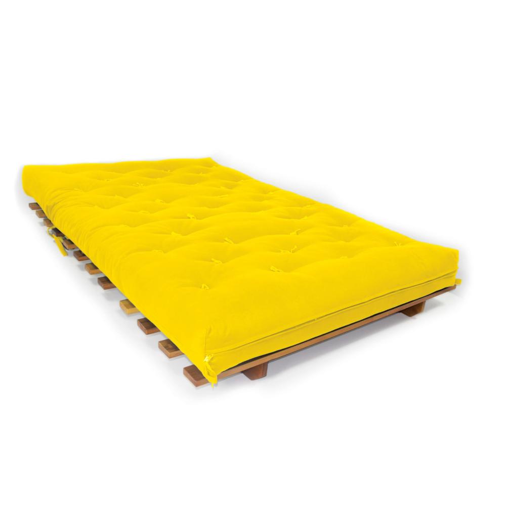 Sofá Cama Casal Futon Oriental Amarelo Com Madeira Nobre