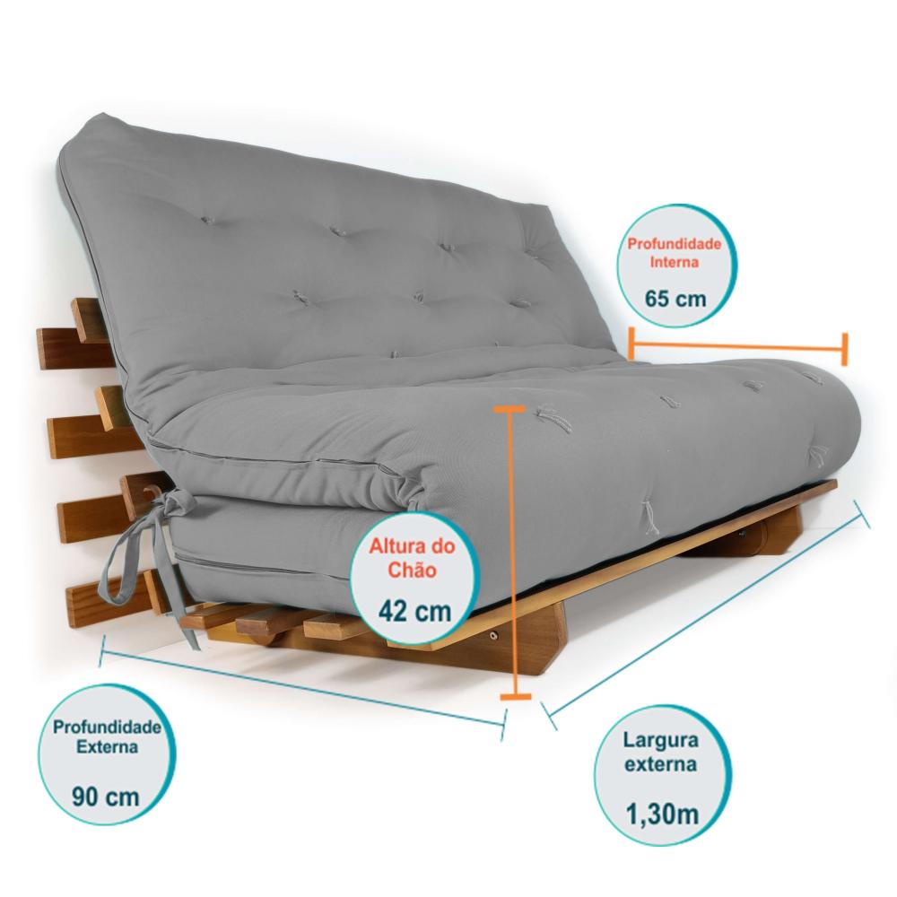 Sofá Cama Casal Futon Oriental Cinza Madeira Nobre Natural