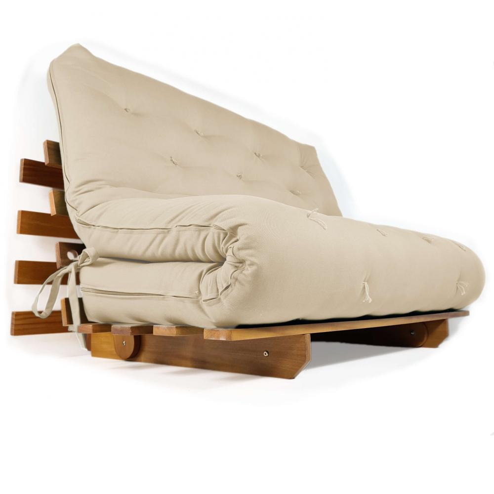 Sofá Cama Casal Futon Oriental Com Madeira Nobre  Natural - Bege Claro