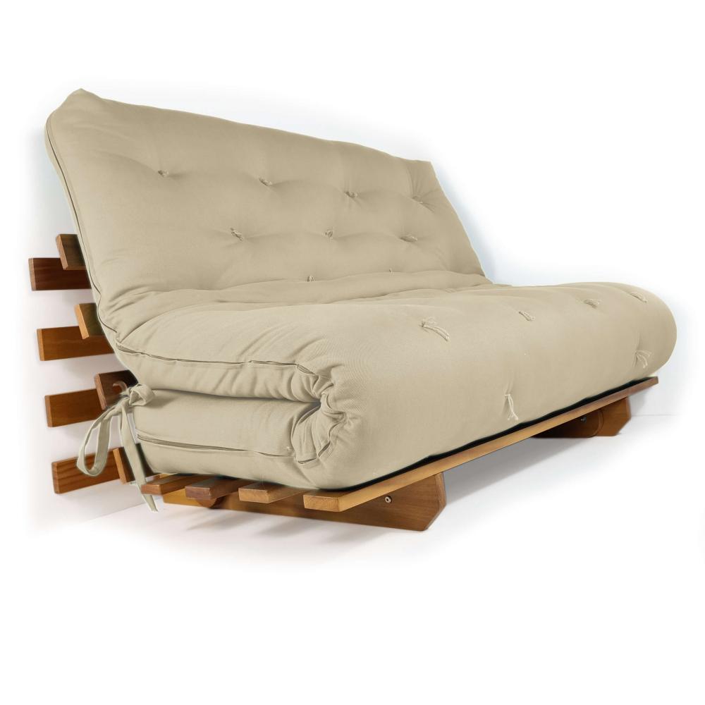 Sofá Cama Casal Futon Oriental Com Madeira Nobre  Natural - Bege Claro