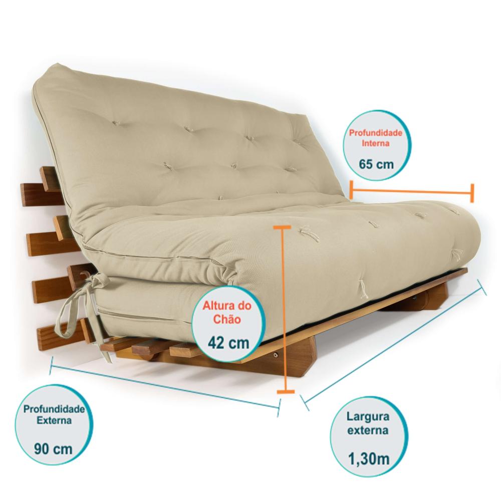 Sofá Cama Casal Futon Oriental Com Madeira Nobre  Natural - Bege Claro