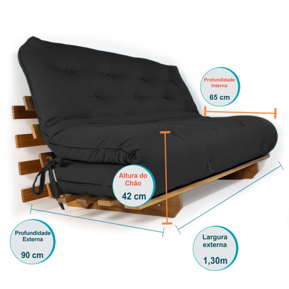 Sofá Cama Casal Futon Oriental Preto Madeira Nobre  Natural