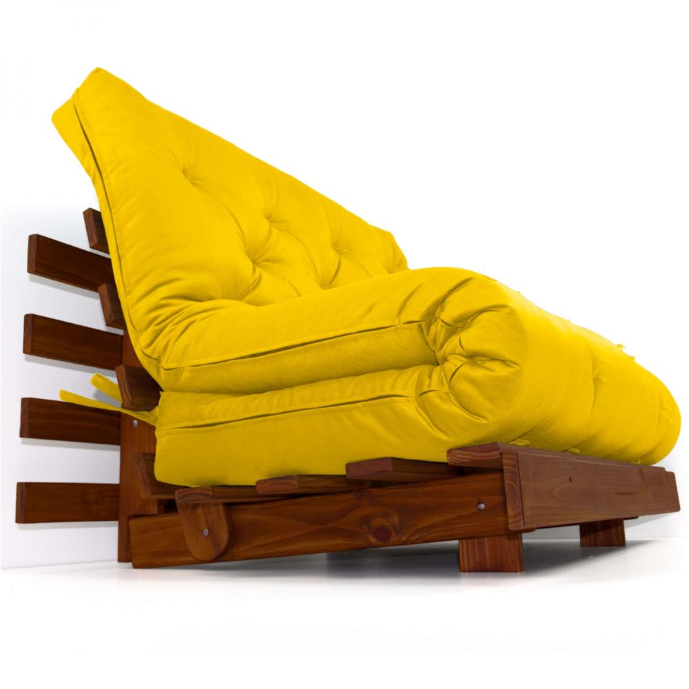 Sofá Cama Casal Futon Tokio Amarelo Madeira Maciça Cor Imbuia