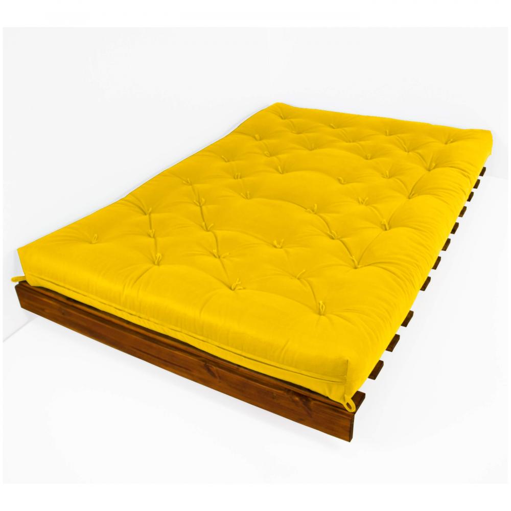 Sofá Cama Casal Futon Tokio Amarelo Madeira Maciça Cor Imbuia