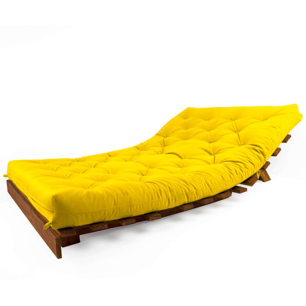 Sofá Cama Casal Futon Tokio Amarelo Madeira Maciça Cor Imbuia