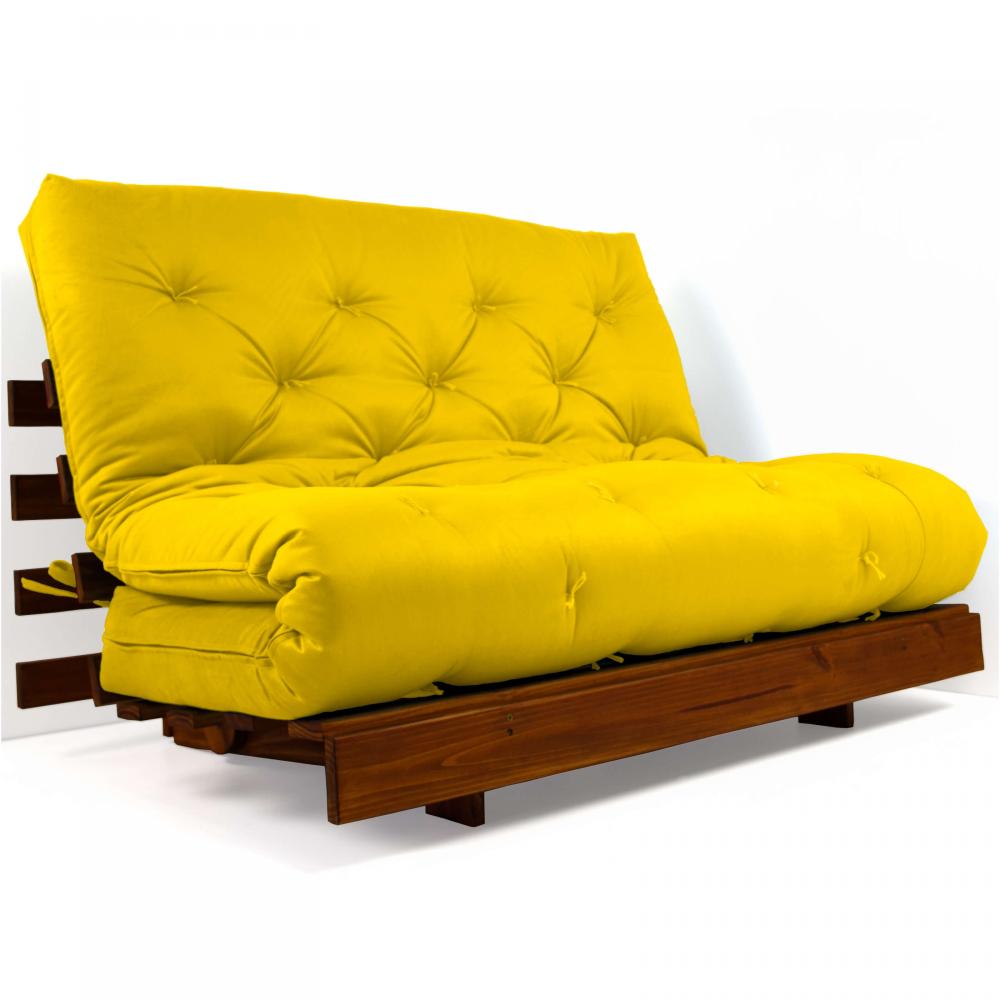 Sofá Cama Casal Futon Tokio Amarelo Madeira Maciça Cor Imbuia