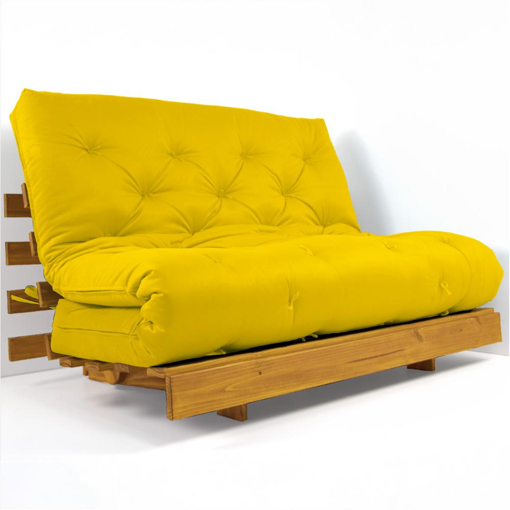 Sofá Cama Casal Futon Tokio Amarelo Madeira Maciça Cor Mel