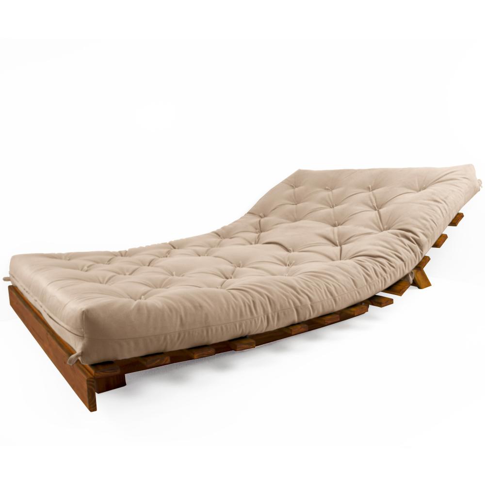 Sofá Cama Casal Futon Tokio Bege Sarja Impermeável Madeira Maciça Cor Imbuia