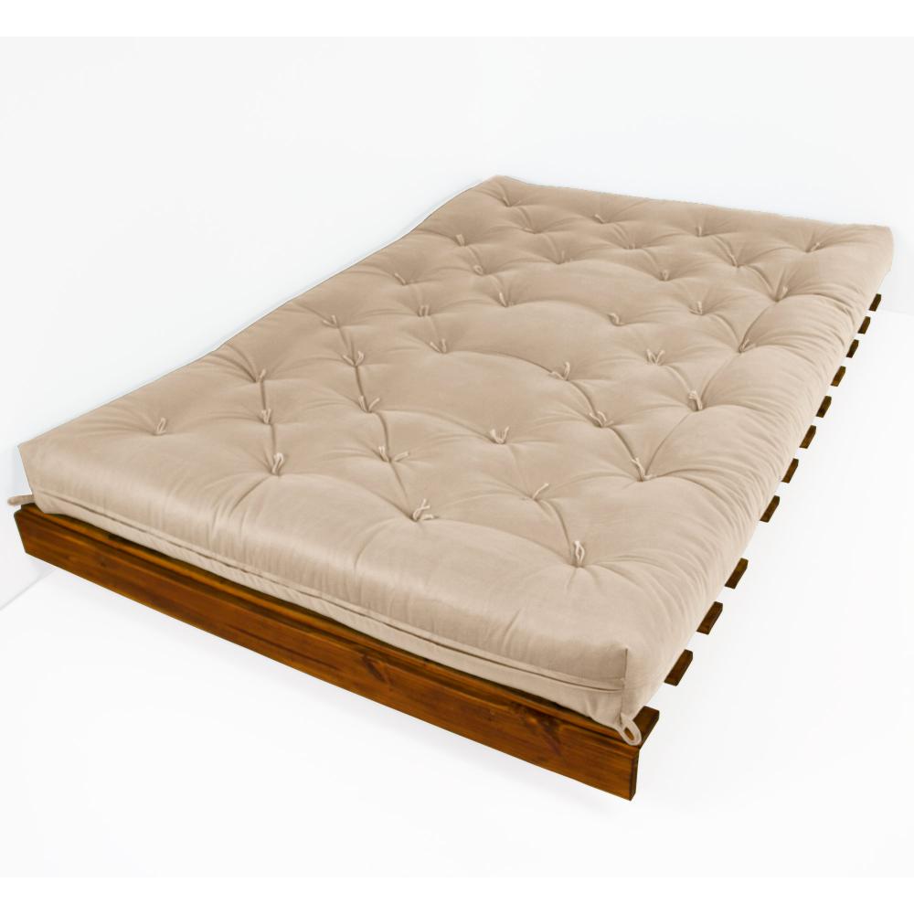 Sofá Cama Casal Futon Tokio Bege Sarja Impermeável Madeira Maciça Cor Imbuia