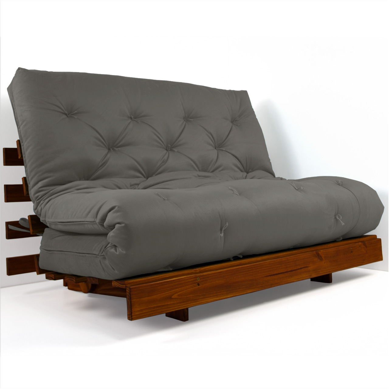 Sofá Cama Casal Futon Tokio Cinza Madeira Maciça Cor Imbuia