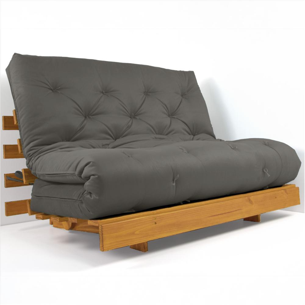 Sofá Cama Casal Futon Tokio Cinza Madeira Maciça Cor Mel