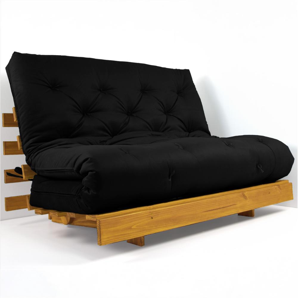 Sofá Cama Casal Futon Tokio Preto Acquablock Madeira Maciça Cor Mel