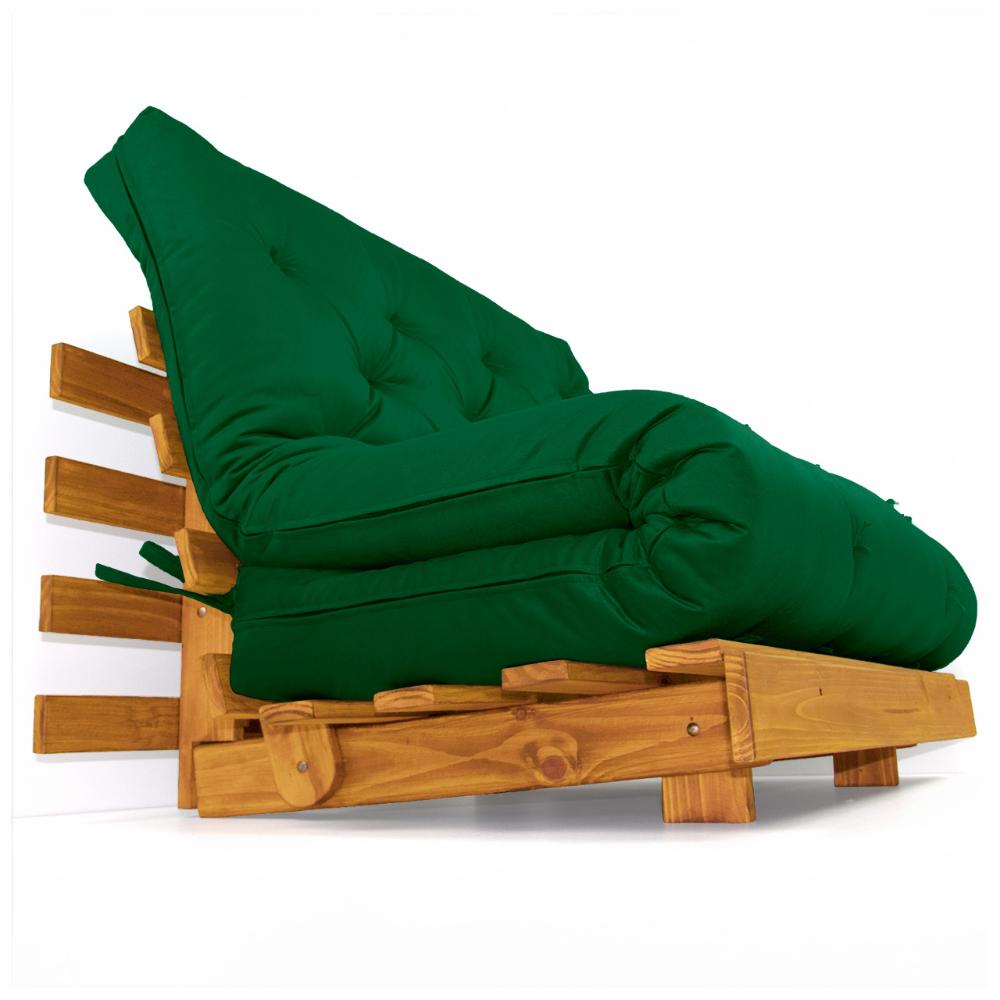 Sofá Cama Casal Futon Tokio Verde Bandeira Madeira Maciça Cor Mel