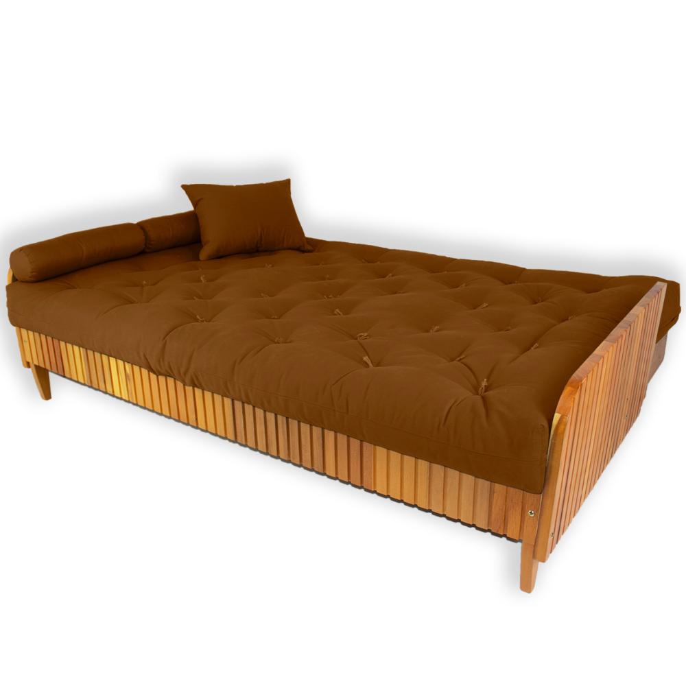 Sofá Cama Paris Ripado Sarja Caramelo Madeira Nobre