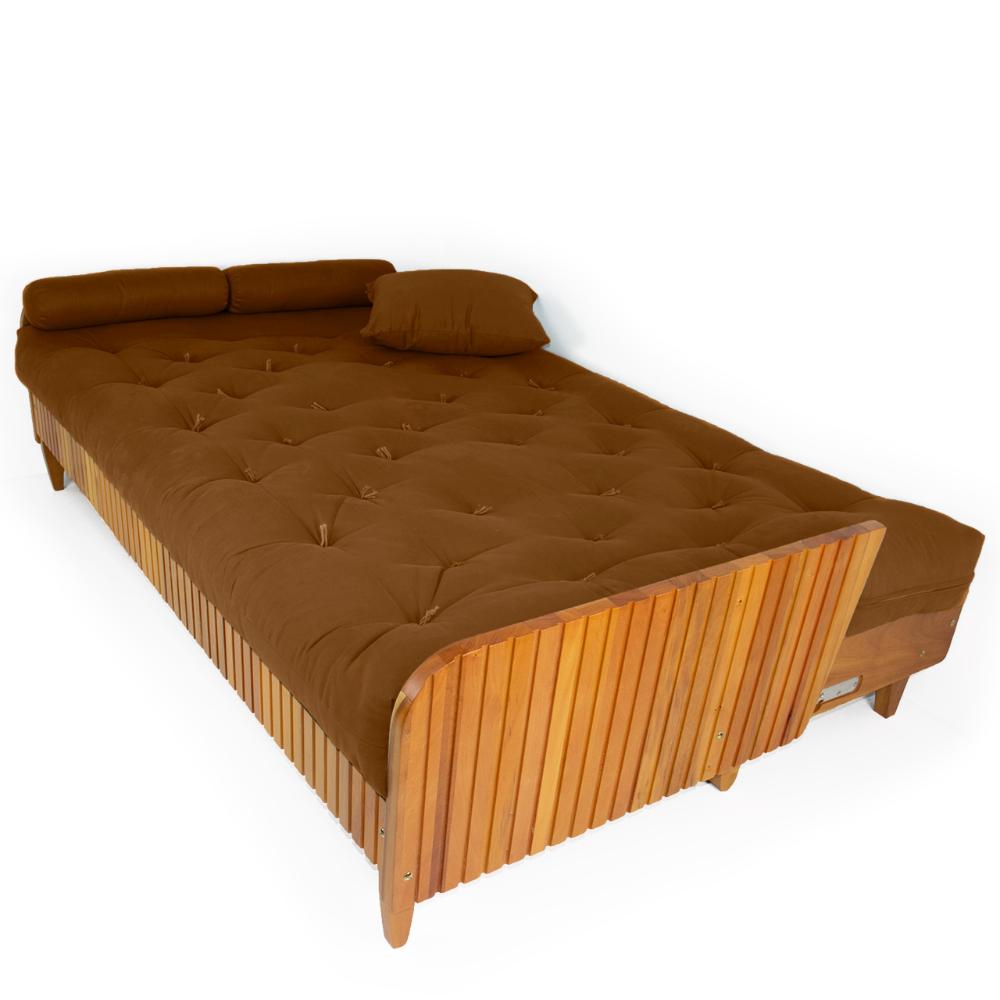 Sofá Cama Paris Ripado Sarja Caramelo Madeira Nobre