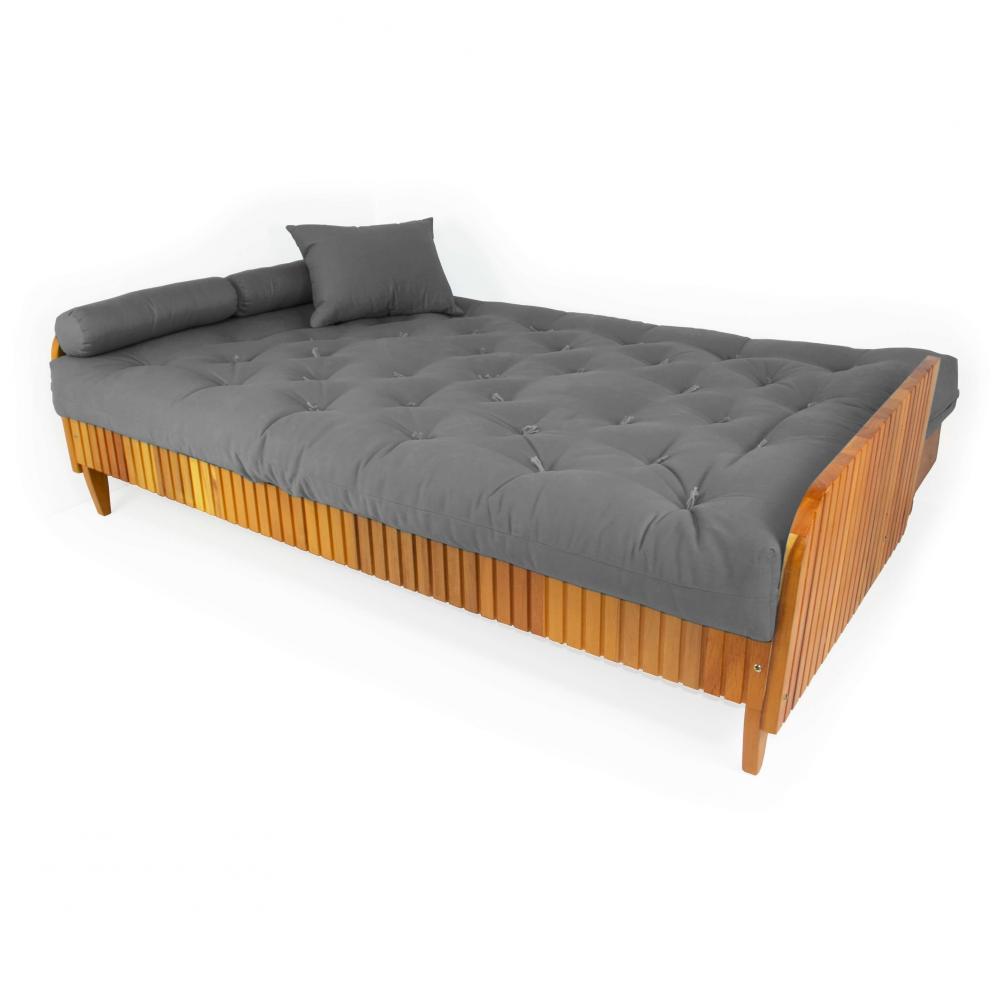 Sofá Cama Paris Ripado Sarja Cinza Madeira Nobre