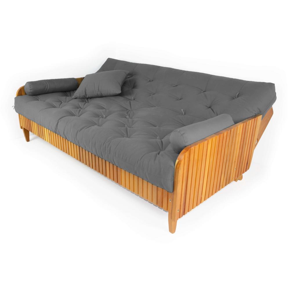 Sofá Cama Paris Ripado Sarja Cinza Madeira Nobre