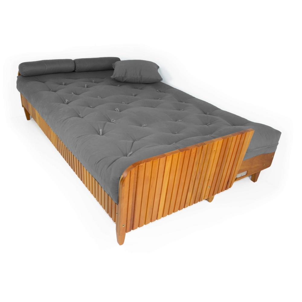 Sofá Cama Paris Ripado Sarja Cinza Madeira Nobre