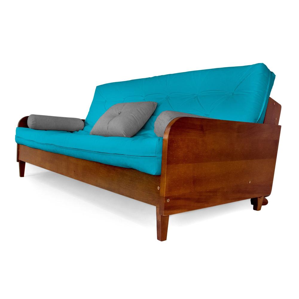 Sofá Cama Paris Sarja Azul Tiffany Madeira Nobre Cor Imbuia