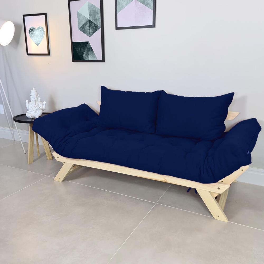 Sofá Japão Futon Acquablock Azul Royal Em Madeira Maciça
