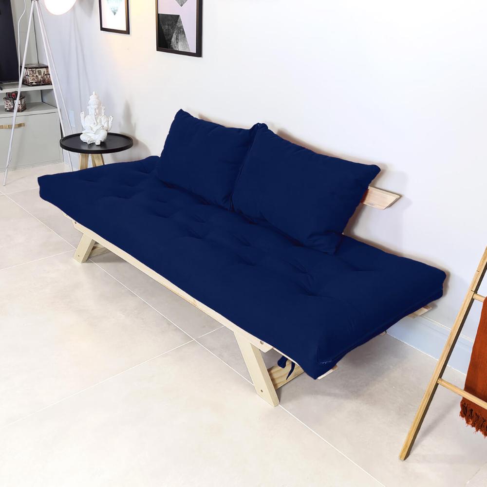 Sofá Japão Futon Acquablock Azul Royal Em Madeira Maciça
