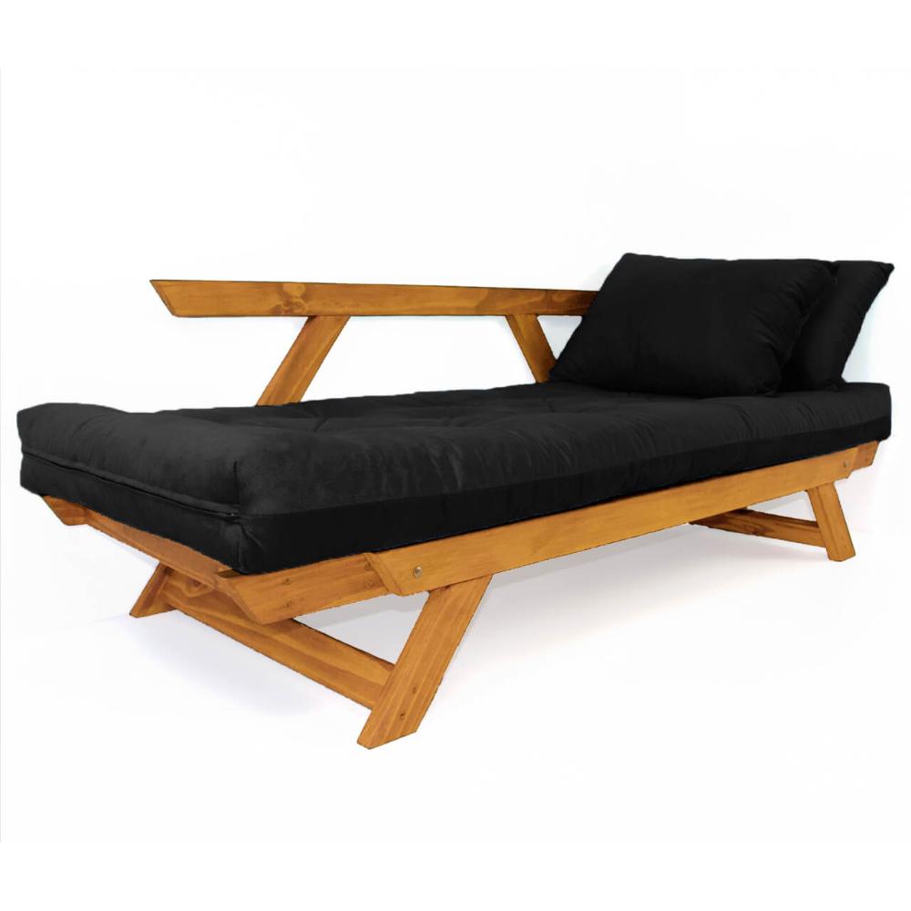 Sofá Japão Futon Acquablock Preto Madeira Cor Mel