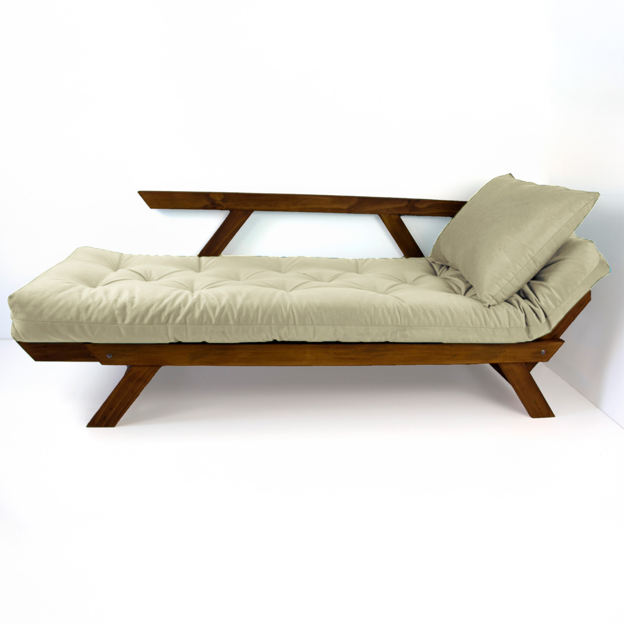 Sofá Japão Futon Bege Em Madeira Maciça Cor Imbuia