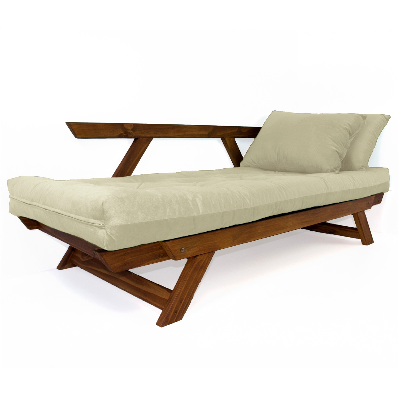 Sofá Japão Futon Bege Em Madeira Maciça Cor Imbuia