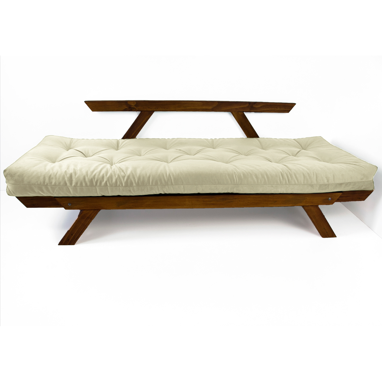 Sofá Japão Futon Bege Em Madeira Maciça Cor Imbuia