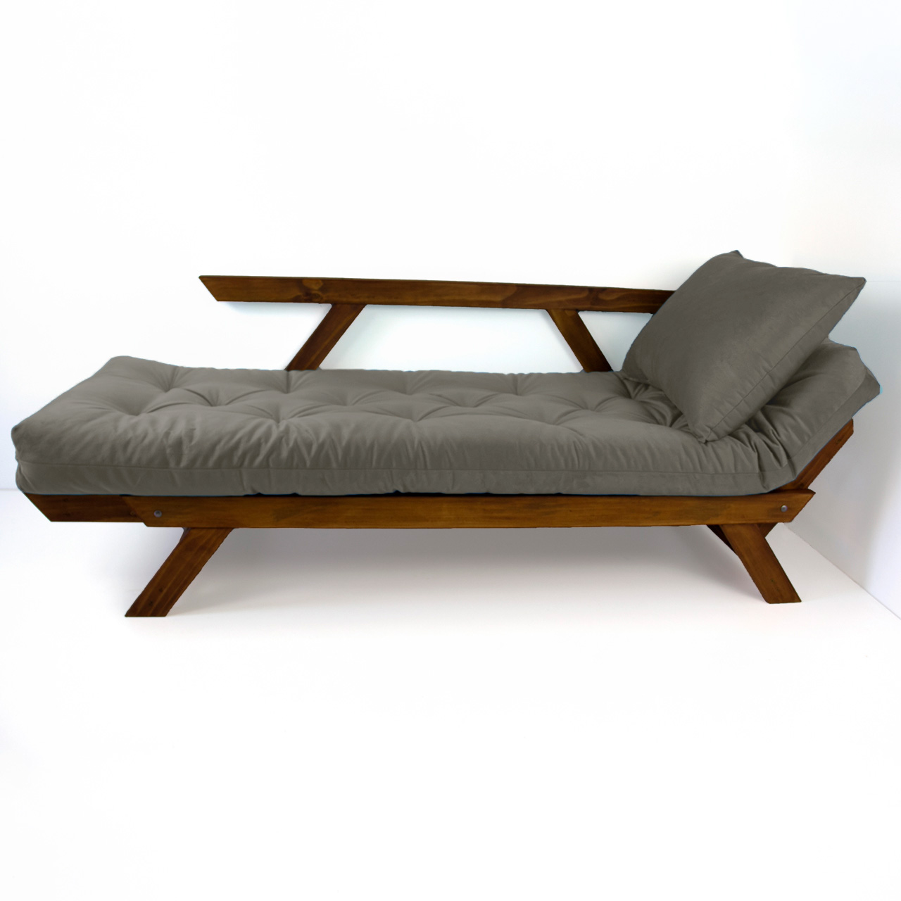 Sofá Japão Futon Cinza Em Madeira Maciça Cor Imbuia