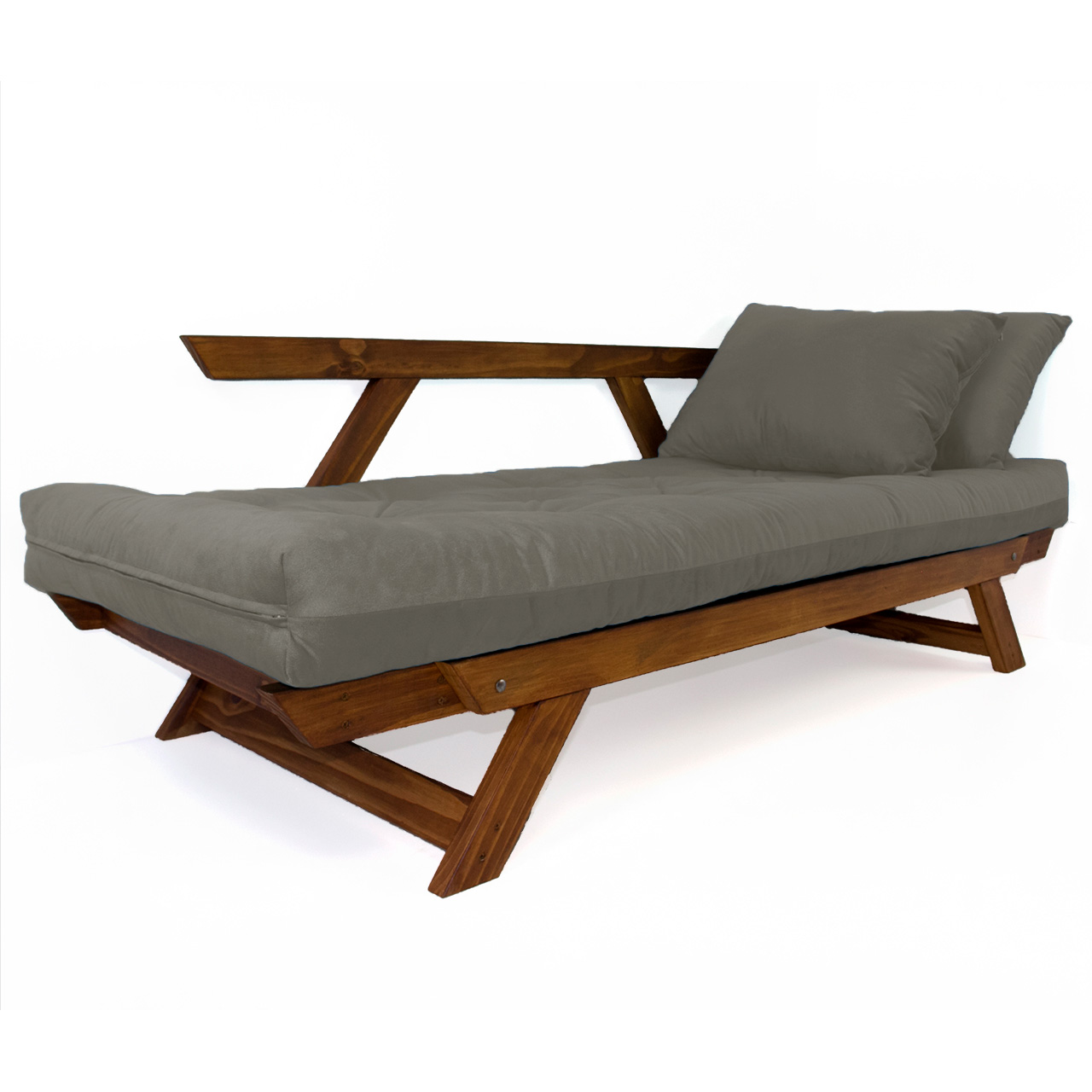 Sofá Japão Futon Cinza Em Madeira Maciça Cor Imbuia