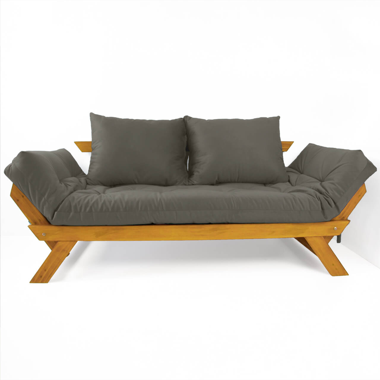 Sofá Japão Futon Cinza Em Madeira Maciça Cor Mel