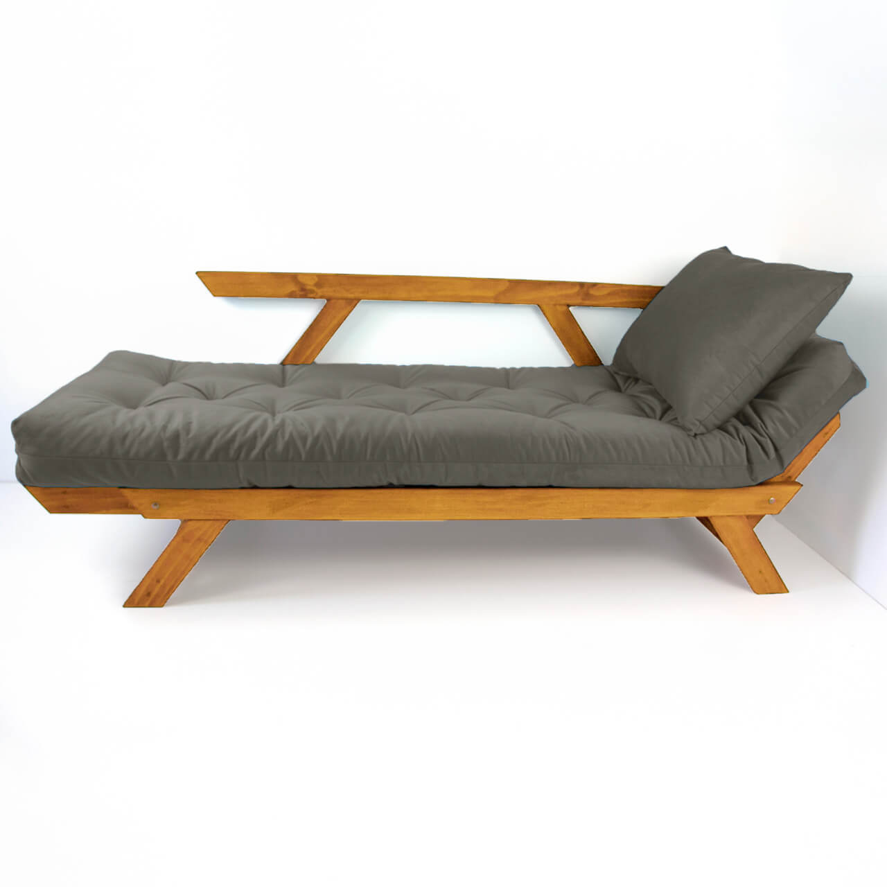 Sofá Japão Futon Cinza Em Madeira Maciça Cor Mel