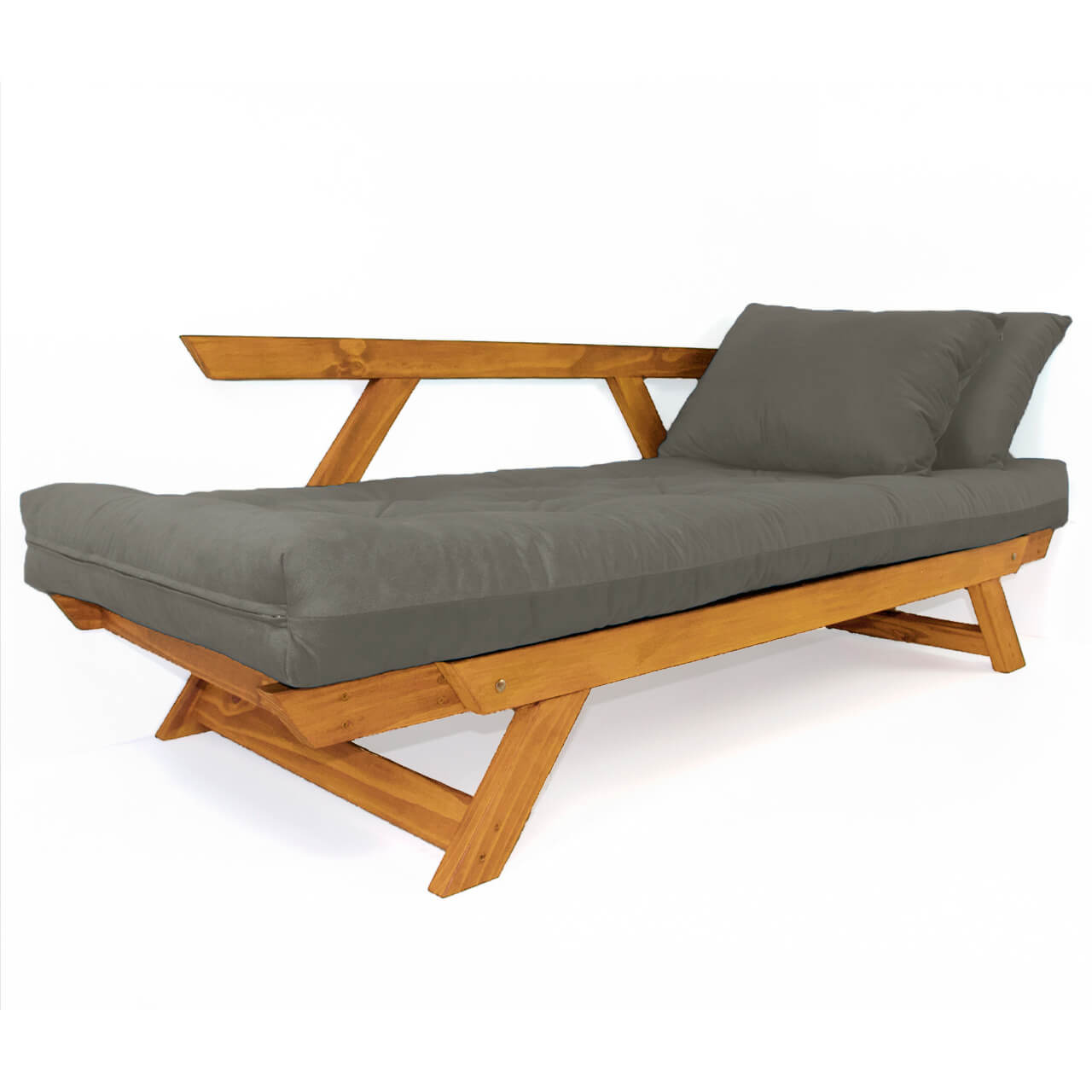 Sofá Japão Futon Cinza Em Madeira Maciça Cor Mel