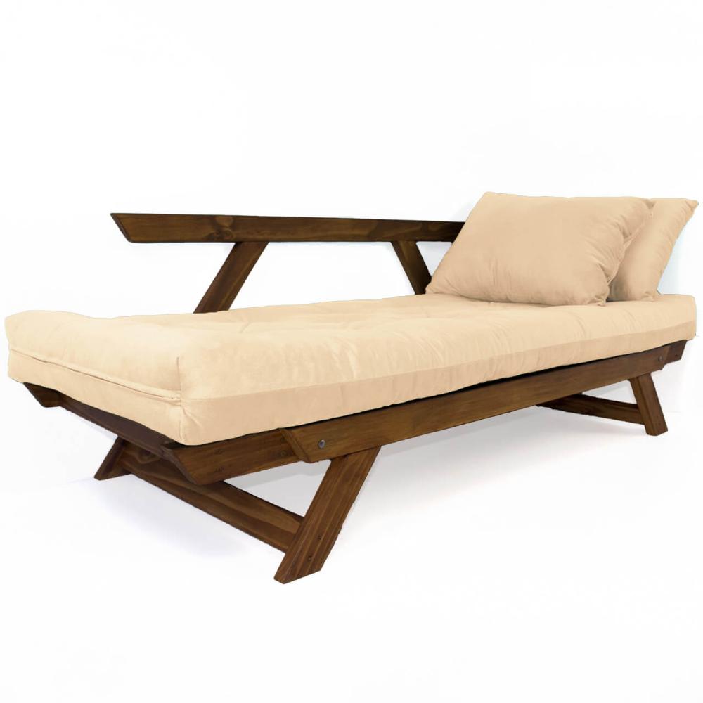Sofá Japão Futon Sarja Impermeável Bege  Madeira Imbuia