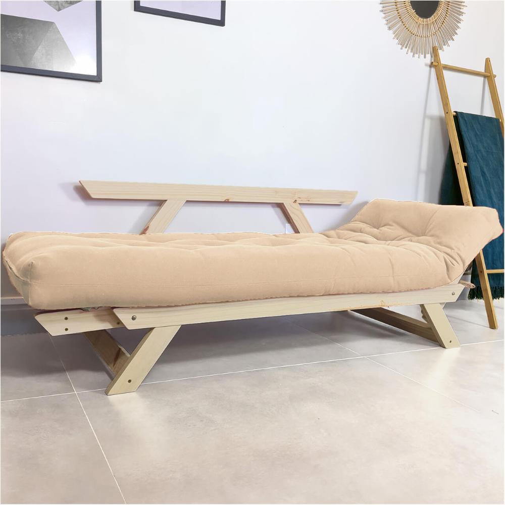 Sofá Japão Futon Sarja Impermeável Bege Em Madeira Maciça