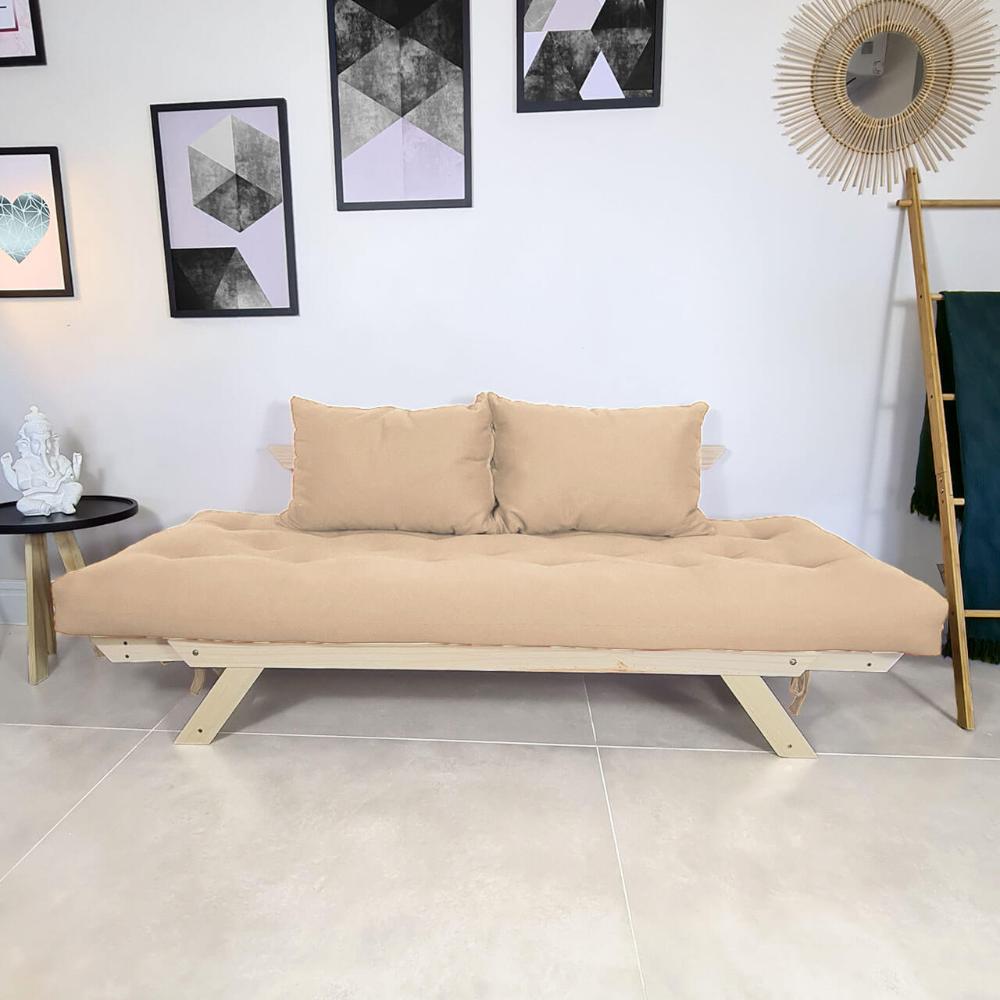 Sofá Japão Futon Sarja Impermeável Bege Em Madeira Maciça