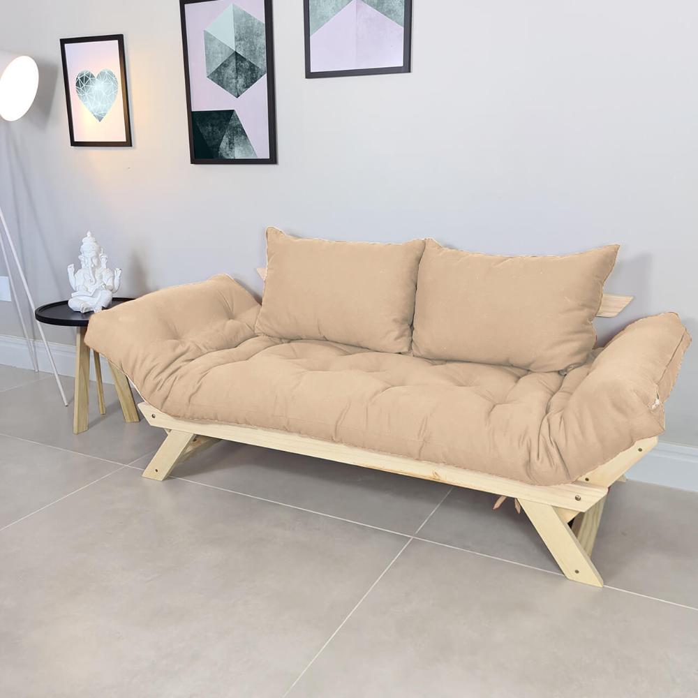 Sofá Japão Futon Sarja Impermeável Bege Em Madeira Maciça
