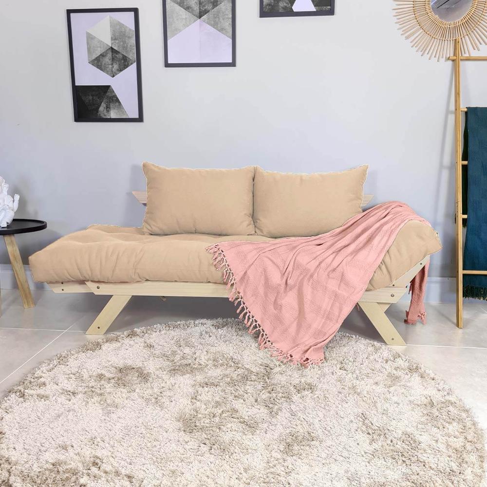 Sofá Japão Futon Sarja Impermeável Bege Em Madeira Maciça