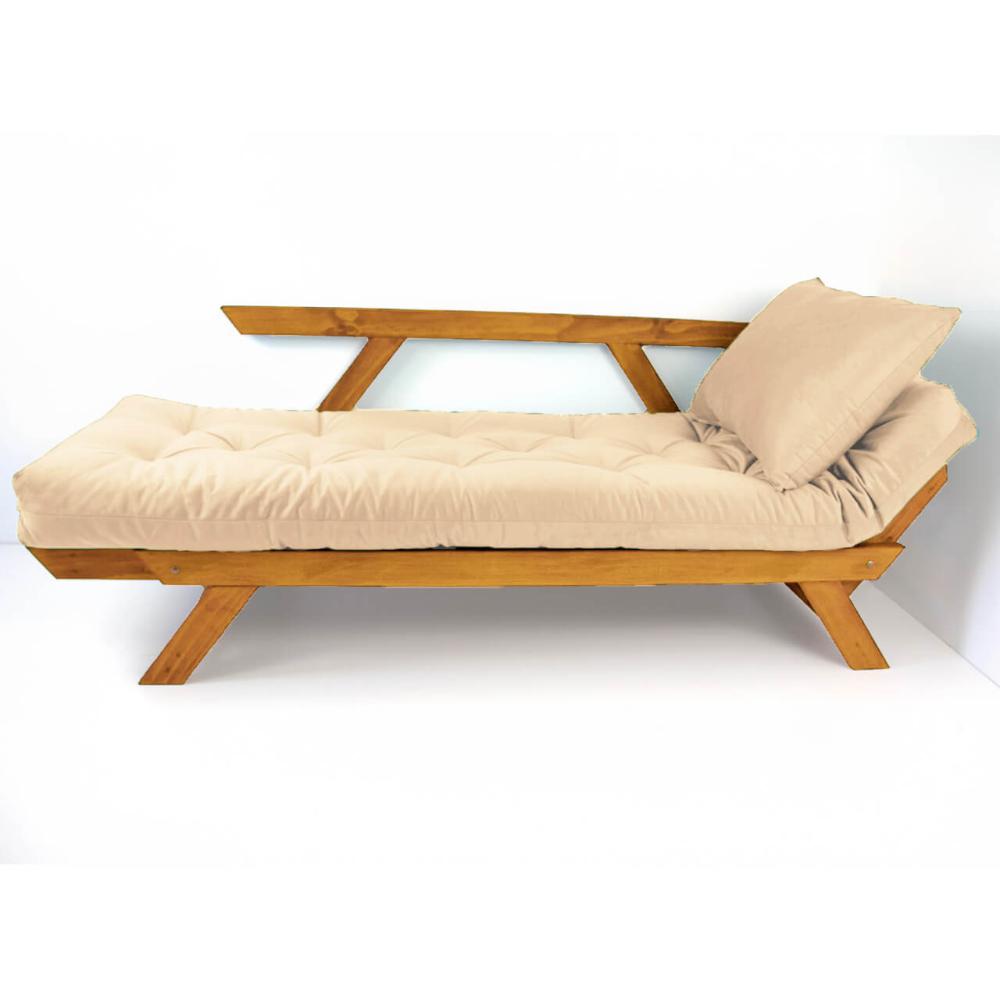 Sofá Japão Futon Sarja Impermeável Bege Madeira Cor Mel