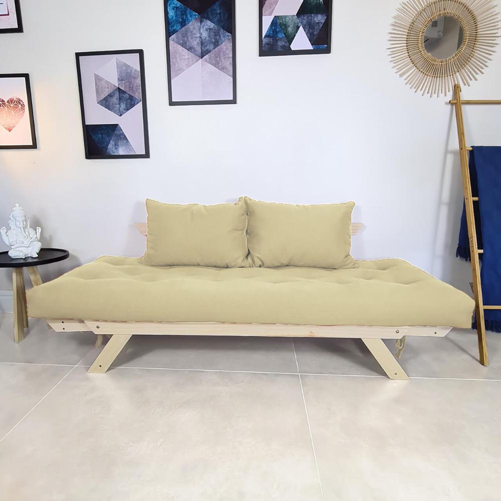 Sofá Japão Futon Sarja Madeira Sem Pintura - Bege Claro