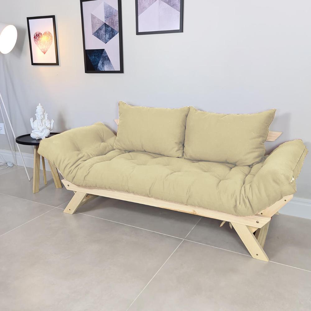 Sofá Japão Futon Sarja Madeira Sem Pintura - Bege Claro