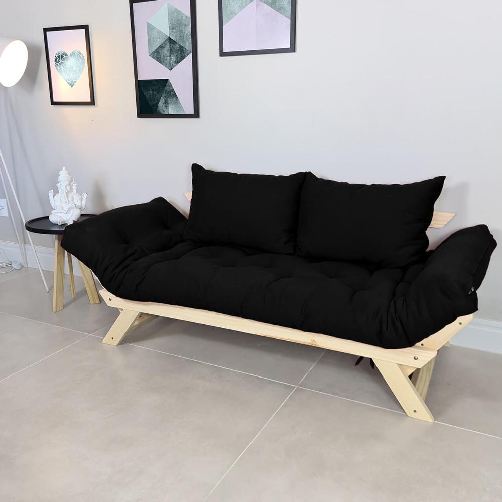 Sofá Japão Futon Sarja Madeira Sem Pintura - Preto