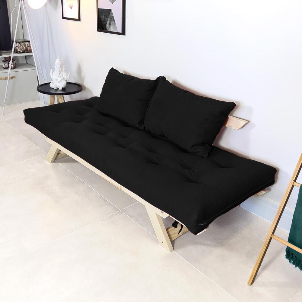 Sofá Japão Futon Sarja Madeira Sem Pintura - Preto