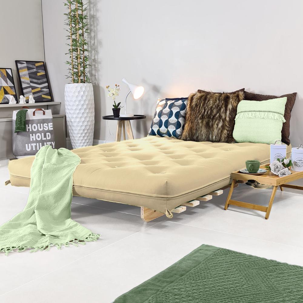 Sofa Cama Casal Futon Oriental Bege Sarja Impermeável Com Madeira Maciça