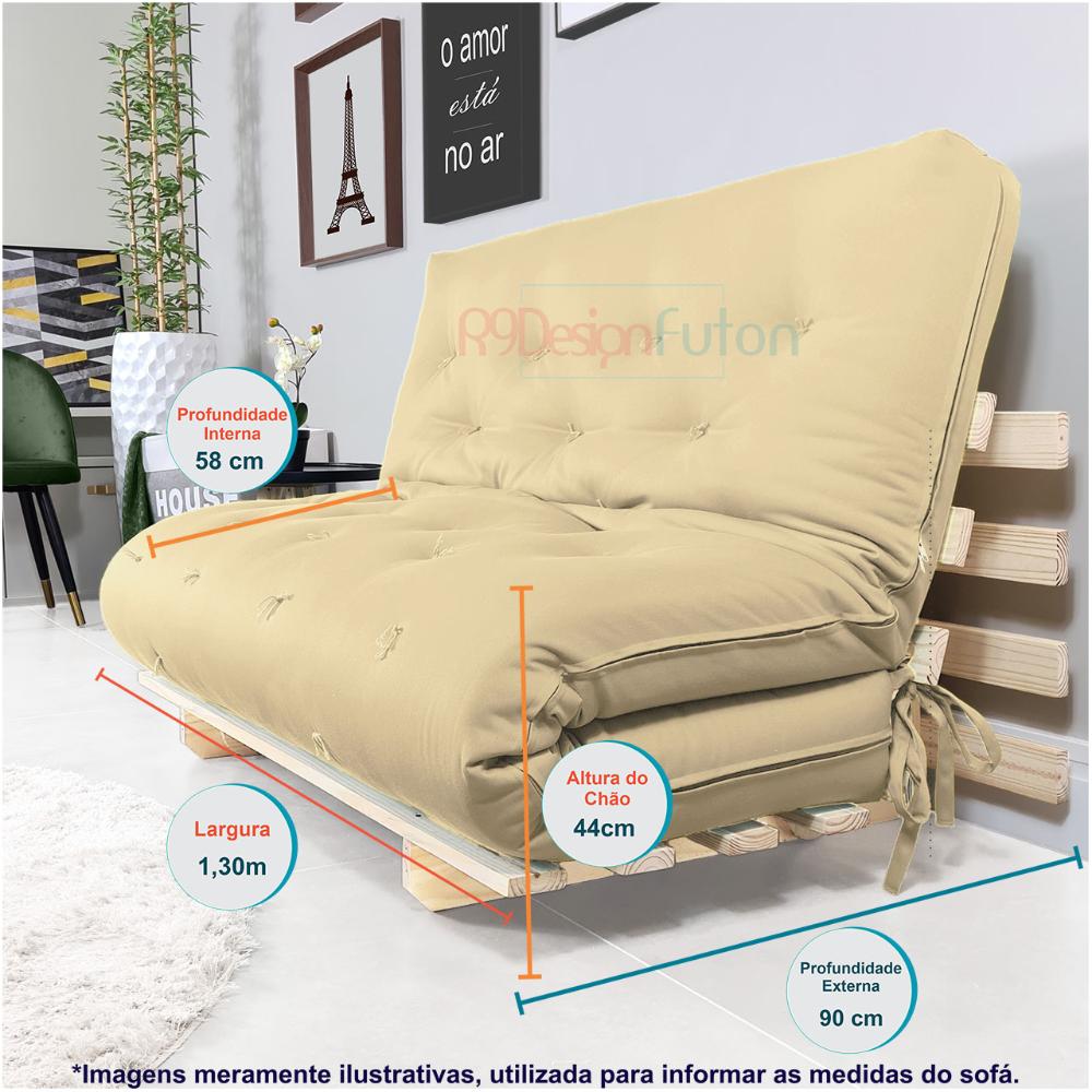 Sofa Cama Casal Futon Oriental Bege Sarja Impermeável Com Madeira Maciça