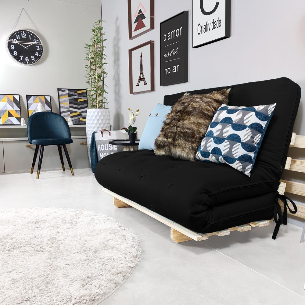 Sofa Cama Casal Futon Oriental Preto Acquablock Com Madeira Maciça